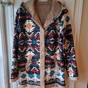 Southwestern Aztec Tribal Hooded Fleece Lined Button Front Jacket Coat